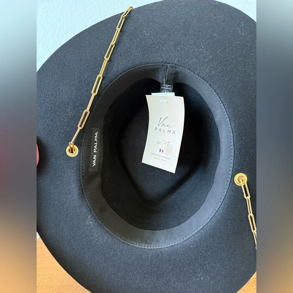 NWT Van Palma Black Wide-Brim Wool Fedora with Gold Chain Accent From France